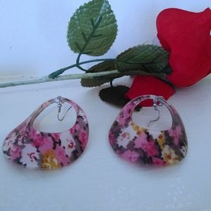 Pink and black floral hoop earrings